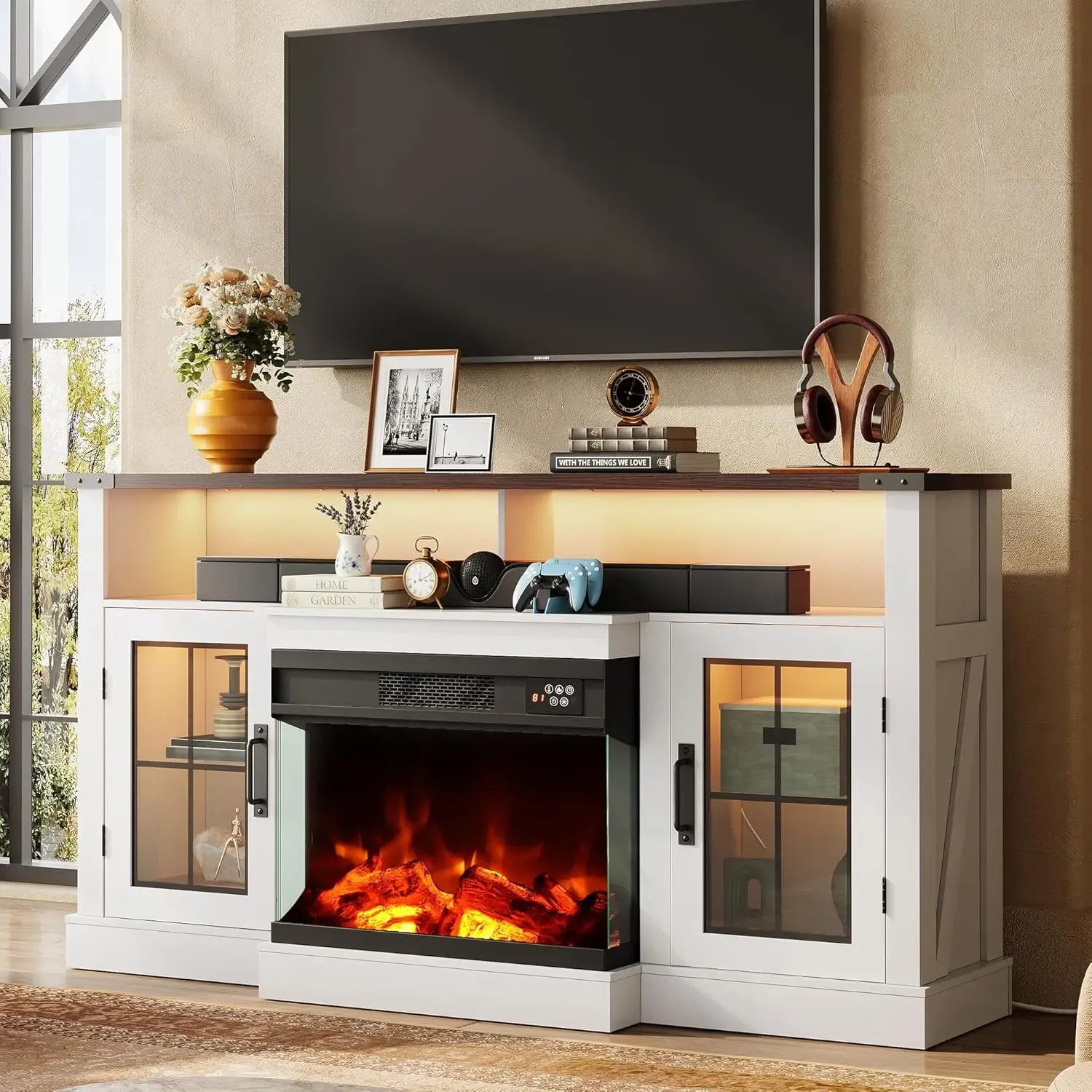 Mueble para TV WLIVE con chimenea eléctrica y vidrio en 3 lados para televisores de 65 pulgadas; centro de entretenimiento con 14 colores de llama y gabinetes de almacenamiento con iluminación LED ajustable; consola multimedia estilo rústico para sala de 