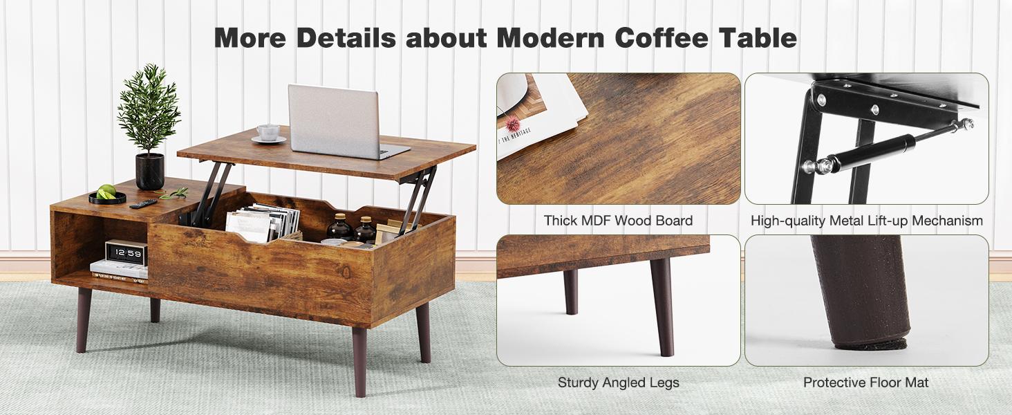 Sweetcrispy Lift Top Solid Wood Coffee Table - Height Adjustable Indoor Furniture, Simple Style Fits Decor Living Room Centerpiece with Storage Shelf and Hidden Storage for Dining Use