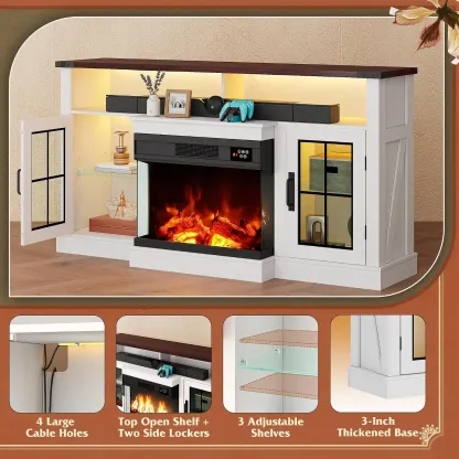 Mueble para TV WLIVE con chimenea eléctrica y vidrio en 3 lados para televisores de 65 pulgadas; centro de entretenimiento con 14 colores de llama y gabinetes de almacenamiento con iluminación LED ajustable; consola multimedia estilo rústico para sala de 