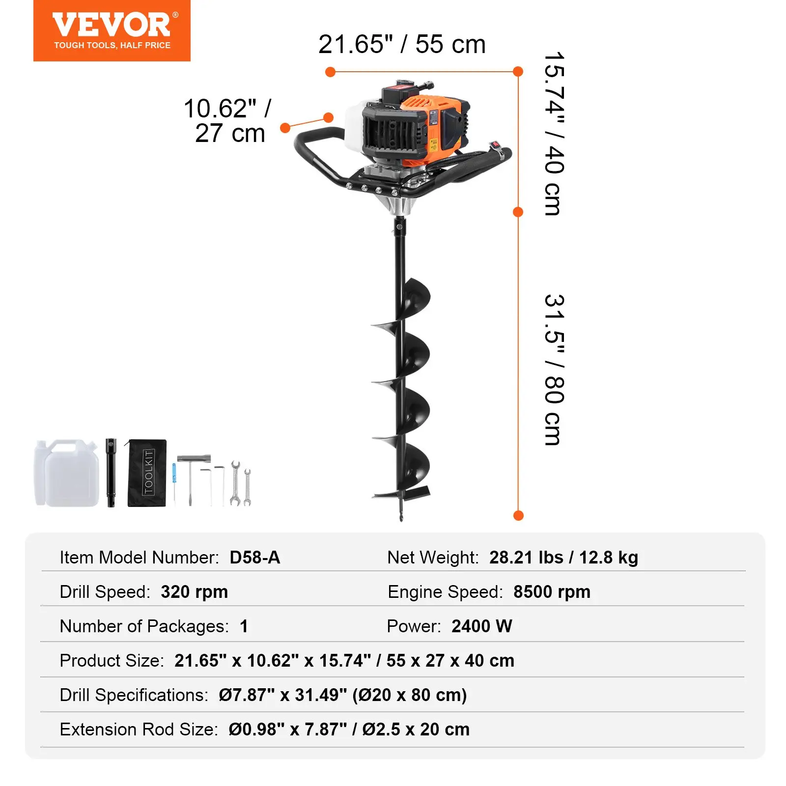 Ahoyador para postes VEVOR — Ahoyador de barrena de 52 cc y 1450 W — Excavadora de tierra a gasolina con dos brocas de 6" y 10" y 3 varillas de extensión — Ideal para terrenos agrícolas, jardines y plantaciones 