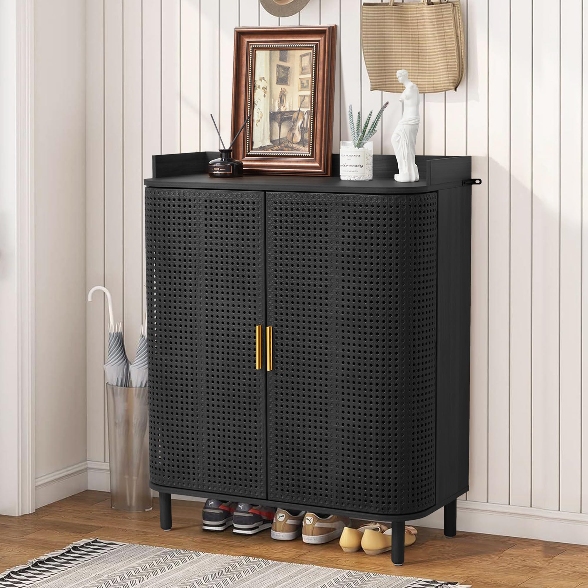 Giratree Shoe Cabinet, 5 Tier Boho Wooden Shoe Storage Organizer Cabinet with Adjustable Shelves, Shoes Rack with Iron Rattan Curved Doors Accent Cabinet for Entryway Hallway Living Room