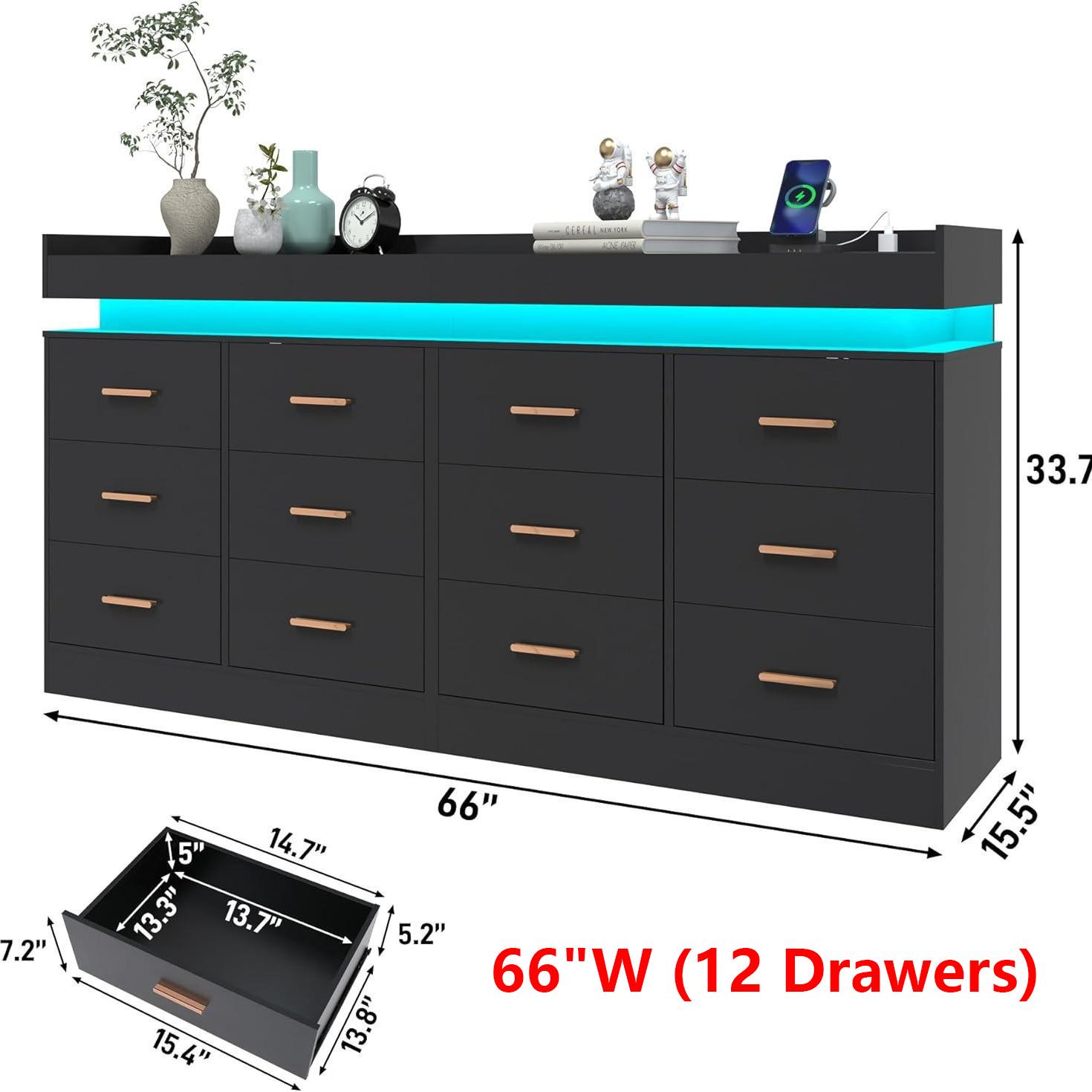 Dresser with LED Light and Charging Station, Modern Chest of Drawers for Closet, Wide Drawer Organizer Cabinet for Bedroom, Living Room, Entryway, Hallway