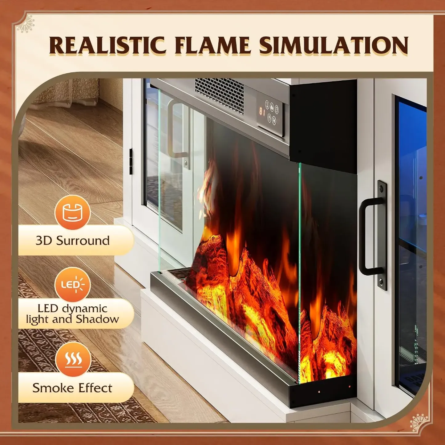 Mueble para TV WLIVE con chimenea eléctrica y vidrio en 3 lados para televisores de 65 pulgadas; centro de entretenimiento con 14 colores de llama y gabinetes de almacenamiento con iluminación LED ajustable; consola multimedia estilo rústico para sala de 