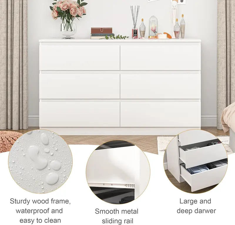 Spaco White Modern 6-Drawer Dresser for Bedroom - Wide Wood Storage Chest with Deep Smooth-Gliding Drawers, Large Indoor Cupboard & Cabinet Furniture, Apartment Furniture, Home Goods, Room Decor Organizer