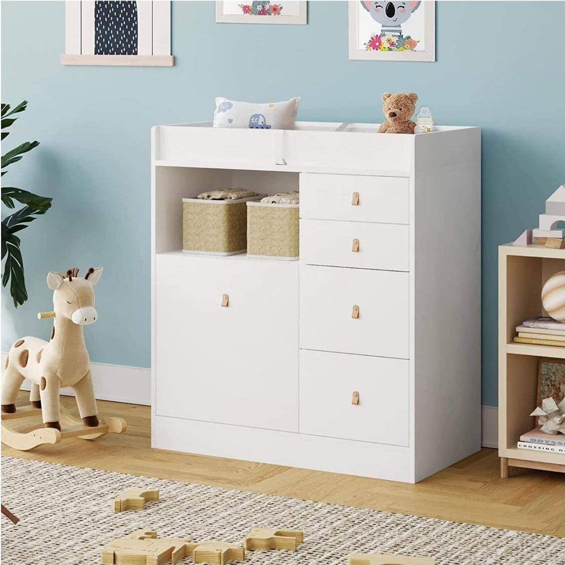 Deborah Changing Table Dresser Antique White with Exposed Shelves,5 Exposed Drawers & Space for Changing Pad, High-Quality Engineered Wood
