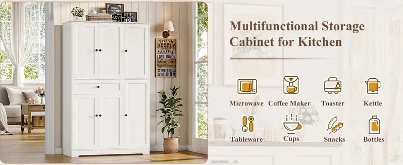 【2-package shipping 】HOSTACK 68" Tall Kitchen Pantry Storage Cabinet, Modern Kitchen Hutch Cabinet with Doors and Shelves, Freestanding Food Pantry with Large Storage Drawer