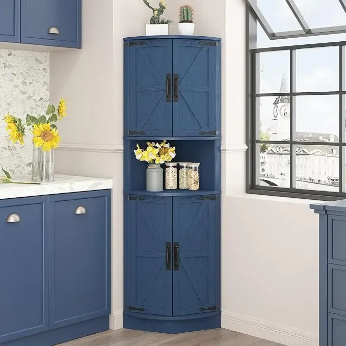 Armario esquinero de madera estilo granja (64,8" de altura): 4 puertas, 5 estantes de almacenamiento, puerta tipo granero, diseño en ángulo recto de 90°, anclaje de pared antivuelco, 22" (ancho) x 15,6" (profundidad) x 64,8" (altura); mueble que ahorra es