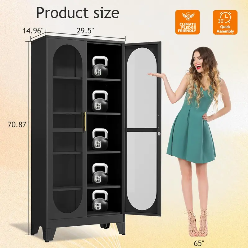 GEITIN Sturdy 70.87" Tall Metal Curio Cabinet - Lock-secure Glass Door, 5-Tier Room Furniture with 4 Adjustable Shelves, Home Bar & Tool Storage for Crockery, Collectibles, Files