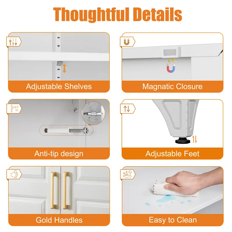 Armario cerrado con estructura metálica de 75 pulgadas: mueble rectangular para almacenamiento de alimentos con 5 estantes ajustables y extraíbles, 2 tiradores dorados y múltiples compartimentos; requiere montaje; mueble despensa moderno para coci