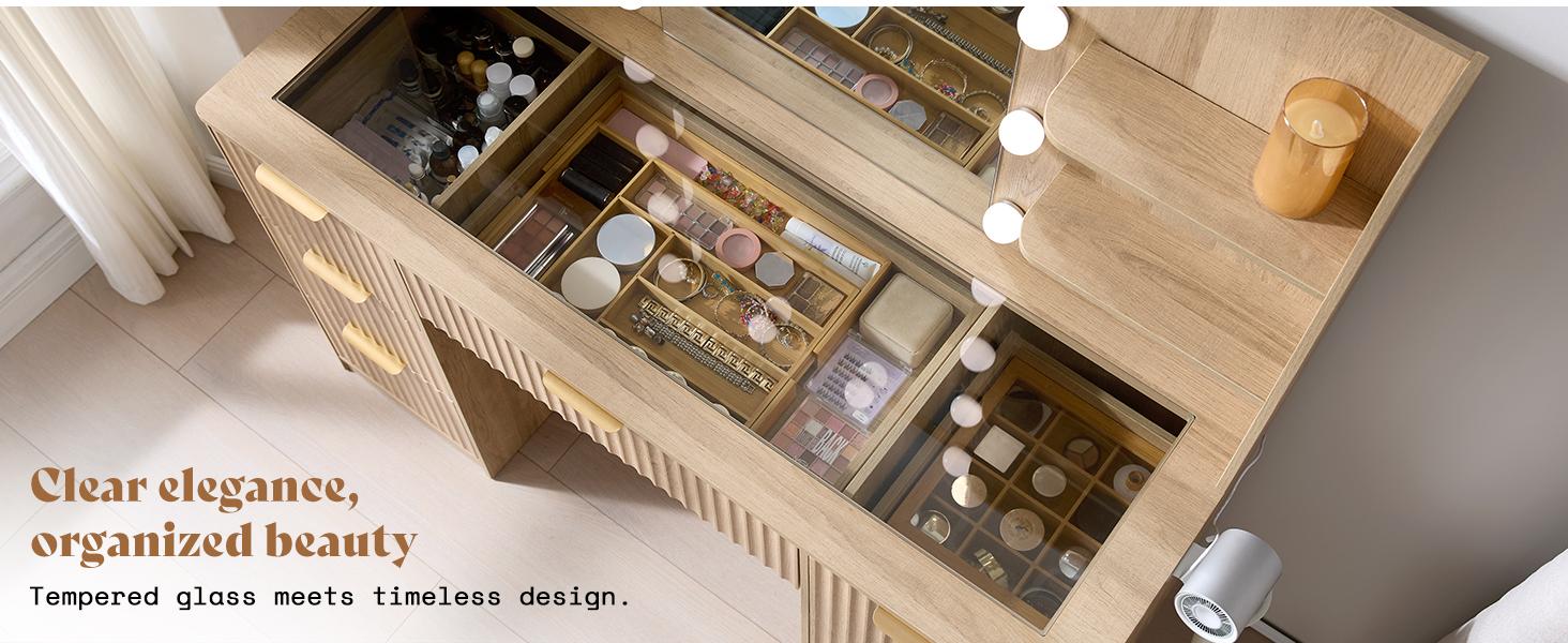AMERLIFE 36.2/47.2" Fluted Vanity Desk with Mirror and Adjustable LED Lights, Large 4/7 Drawers Makeup Table with Glass Top and Charging Station for Women and Girls, Bedroom or Dorm/Best Gift Ideas/Christmas Gifts[tiktokshopbacktoschool][SohoChic]