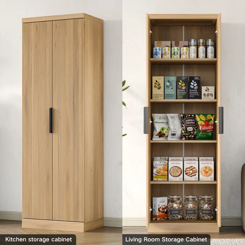 Armario despensero de cocina de 71 pulgadas de alto con estantes ajustables y puerta acanalada; mueble de 5 niveles para sala de estar, cocina, comedor o dormitorio (color roble)