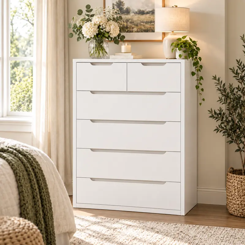 Cómoda de madera moderna Raybeefurniture con 4, 5 o 6 cajones profundos; mueble de almacenamiento y cajonera con estilo; cómoda alta con rieles metálicos de deslizamiento suave; organizador y elemento decorativo ideal en color blanco para dormitorio, vest
