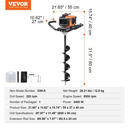 Ahoyador para postes VEVOR — Ahoyador de barrena de 52 cc y 1450 W — Excavadora de tierra a gasolina con dos brocas de 6" y 10" y 3 varillas de extensión — Ideal para terrenos agrícolas, jardines y plantaciones 