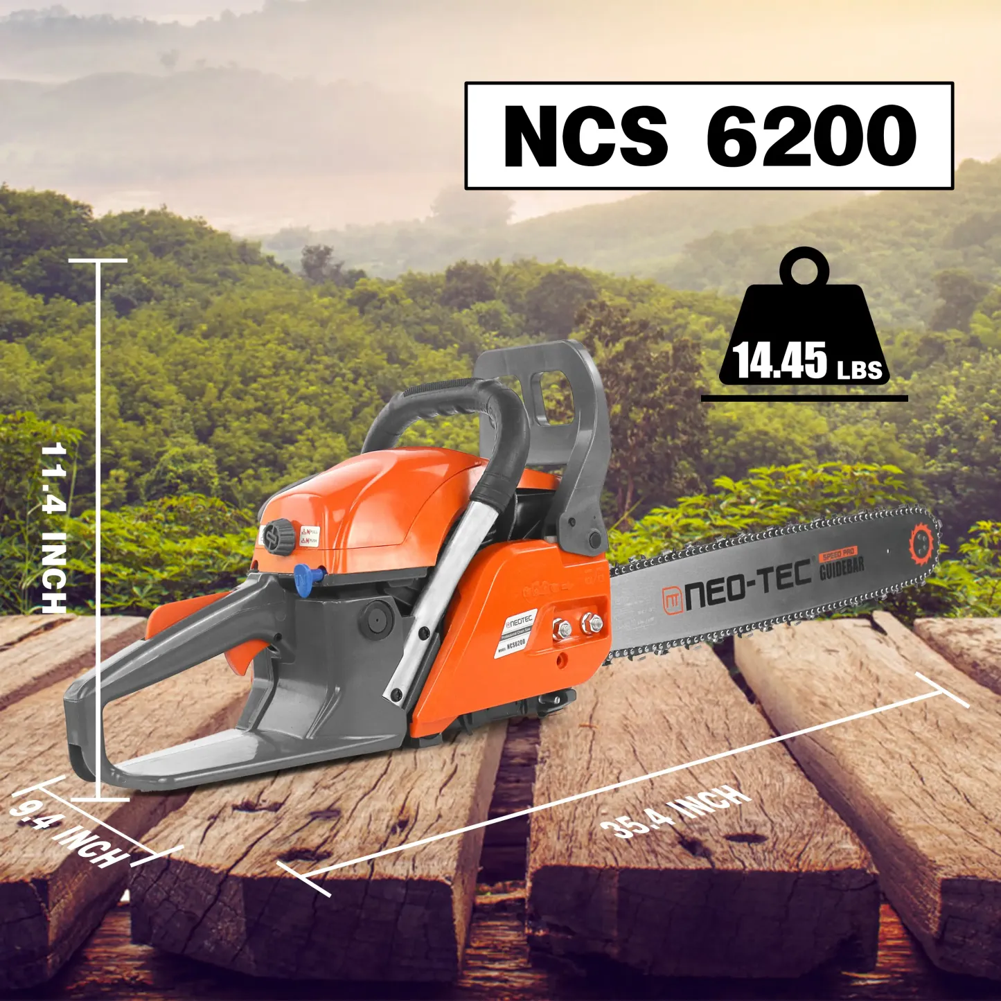 Motosierra de gasolina NEOTEC de 58 cc/62 cc con mezcla de gasolina y aceite 25:1; diseño ligero y portátil para cortar madera fácilmente en jardines y exteriores.