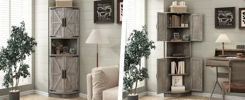 Vabches 64.8" Height Farmhouse Wood Corner Cabinet - 4 Doors, 5 Storage Shelves, Barn Door, 90&deg; Right-Angle Design, Anti-tip Wall Mount, 22"(w)x15.6"(d)x64.8"(h), Space Saving Furniture for Living Room, Kitchen