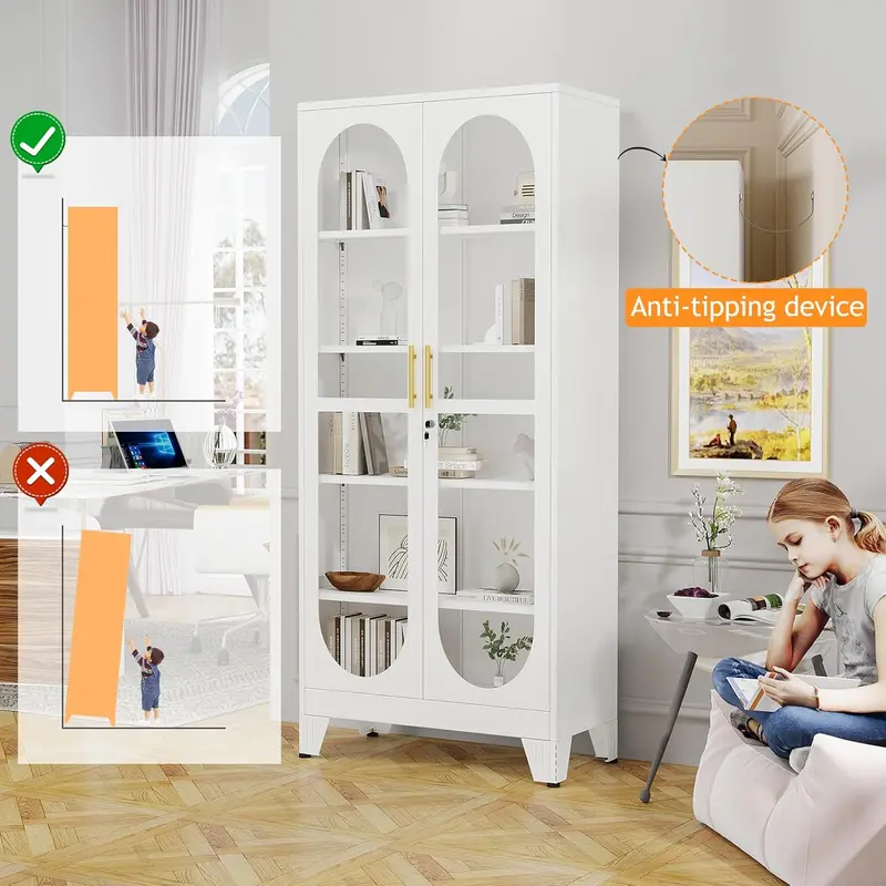 Vitrina metálica resistente de 180 cm de altura con puerta de cristal con cerradura, mueble de cinco niveles con cuatro estantes ajustables, ideal para bar en casa y almacenamiento de utensilios para vajilla, objetos de colección y archivos.