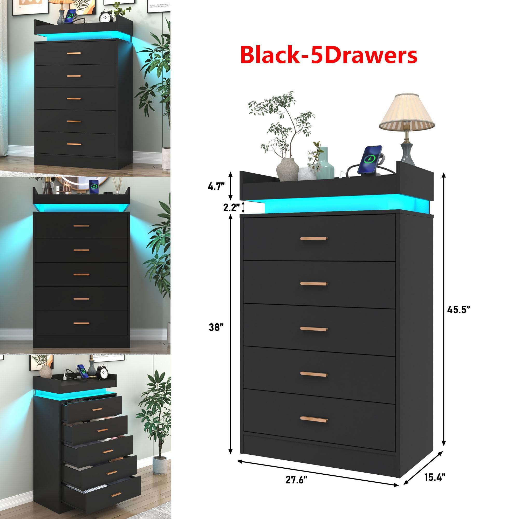 Dresser with LED Light and Charging Station, Modern Chest of Drawers for Closet, Wide Drawer Organizer Cabinet for Bedroom, Living Room, Entryway, Hallway