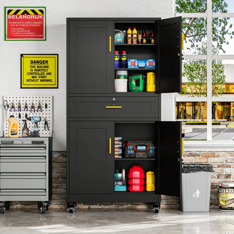 75" Lockable Metal Storage Cabinet with Wheels, Rolling Tool Organizer with Shelves & Drawer for Multi-Scene Use