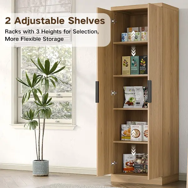 Armario despensero de cocina de 71 pulgadas de alto con estantes ajustables y puerta acanalada; mueble de 5 niveles para sala de estar, cocina, comedor o dormitorio (color roble)