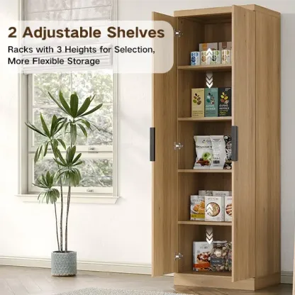 Armario despensero de cocina de 71 pulgadas de alto con estantes ajustables y puerta acanalada; mueble de 5 niveles para sala de estar, cocina, comedor o dormitorio (color roble)