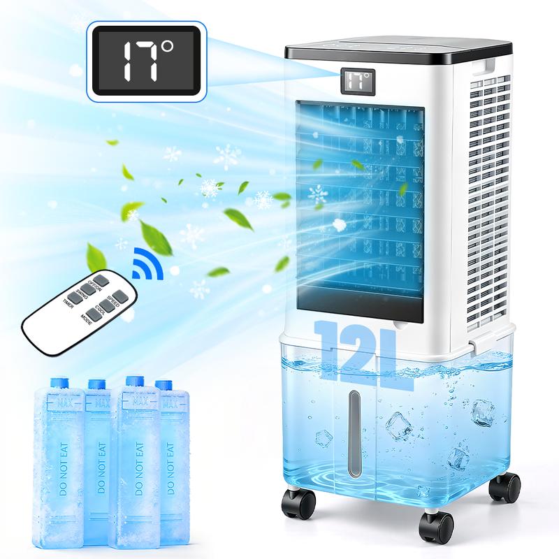 3 en 1 Aire Acondicionado Portátil, Enfriador de Aire Portátil con Tanque Con tanque de agua de 12L, control remoto y temporizador, y 4 cajas de cristales de hielo, Ideal para El hogar Dormitorio y Pequeñas Habitaciones