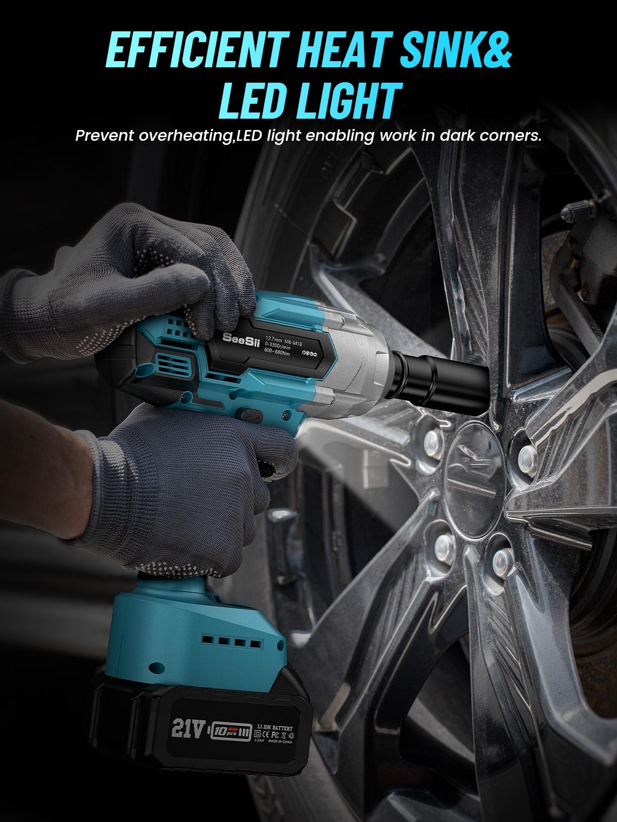 Seesii 3 in 1 Cordless Impact Wrench 1/2'',3300RPM,Brushless Impact Driver w/ 2x 4.0Ah Batteries,6 Sockets,Drills,6 Screws,Power Tool Heavy Duty