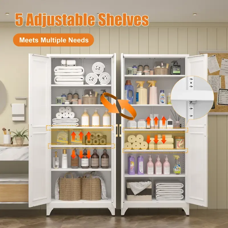 Armario cerrado con estructura metálica de 75 pulgadas: mueble rectangular para almacenamiento de alimentos con 5 estantes ajustables y extraíbles, 2 tiradores dorados y múltiples compartimentos; requiere montaje; mueble despensa moderno para coci