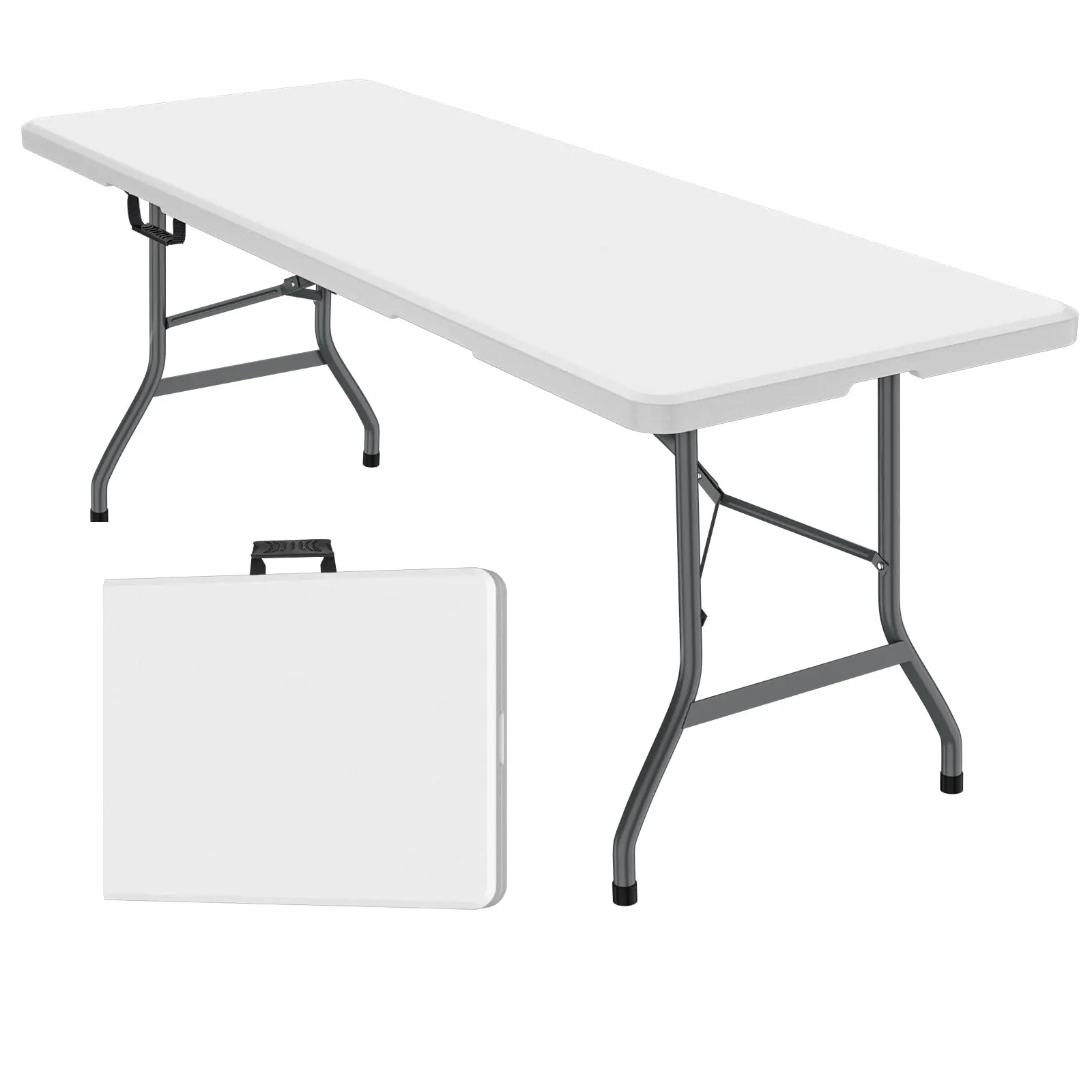 Set de mesa plegable portátil de 6 pies y mantel FWTI (ZB-6FT) — Mesa plegable ligera con asa integrada y patas de acero aleado; resistente y duradera, ideal para fiestas en el jardín y acampadas — Blanco