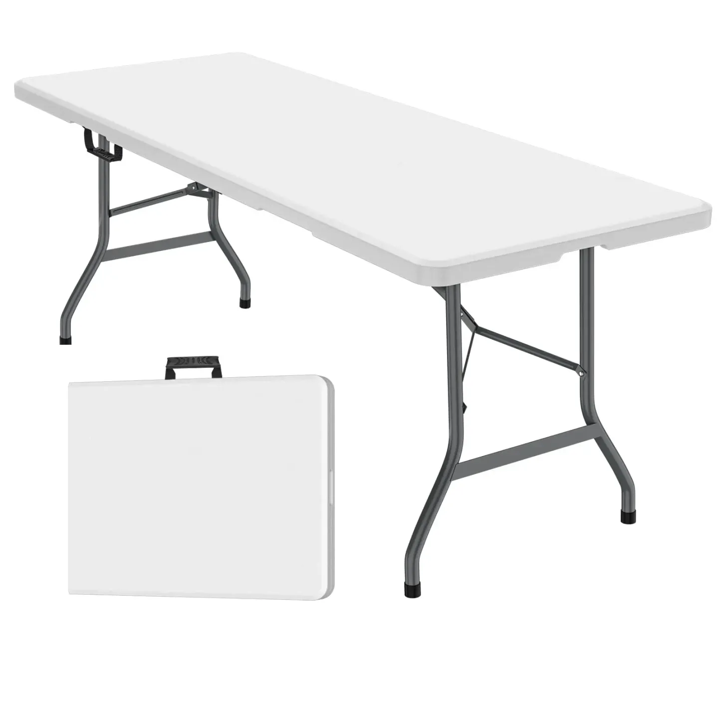 Set de mesa plegable portátil de 6 pies y mantel FWTI (ZB-6FT) — Mesa plegable ligera con asa integrada y patas de acero aleado; resistente y duradera, ideal para fiestas en el jardín y acampadas — Blanco