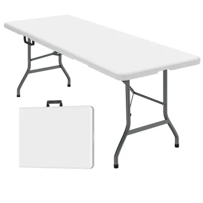 Set de mesa plegable portátil de 6 pies y mantel FWTI (ZB-6FT) — Mesa plegable ligera con asa integrada y patas de acero aleado; resistente y duradera, ideal para fiestas en el jardín y acampadas — Blanco