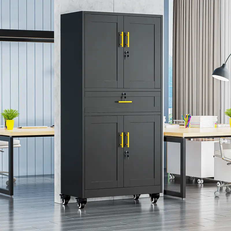 75" Lockable Metal Storage Cabinet with Wheels, Rolling Tool Organizer with Shelves & Drawer for Multi-Scene Use
