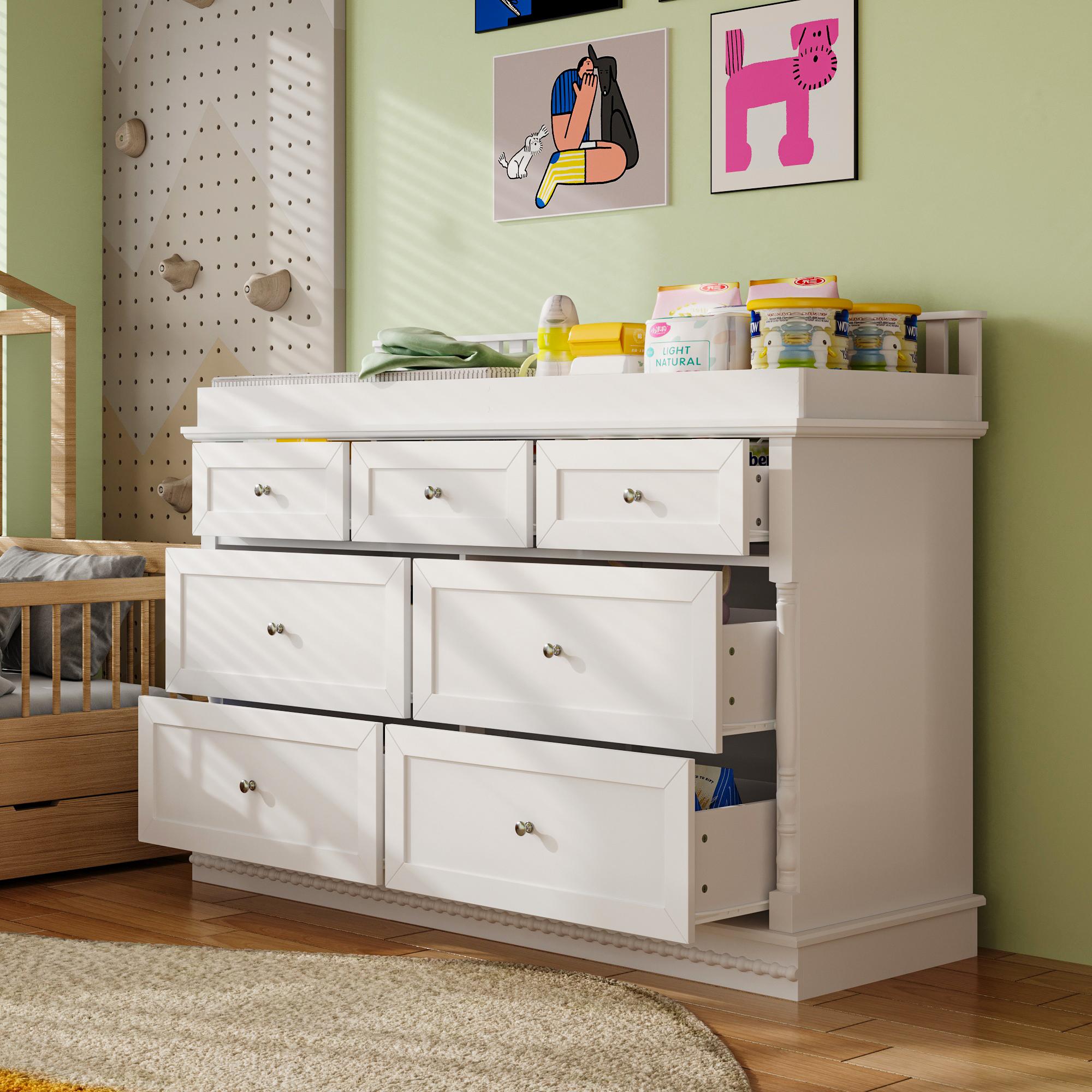 Deborah Changing Table Dresser Antique White with Exposed Shelves,5 Exposed Drawers & Space for Changing Pad, High-Quality Engineered Wood