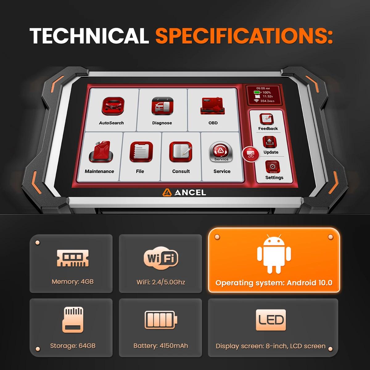 ANCEL DS600BT OBD2 Scanner Full System Diagnostic Tool CANFD/DOIP Bi-Directional ECU Coding 34 Reset Lifetime Free Update Fit for Chevrolet, Ford, BMW E/F/G Chassis, Jaguar, Land Rover