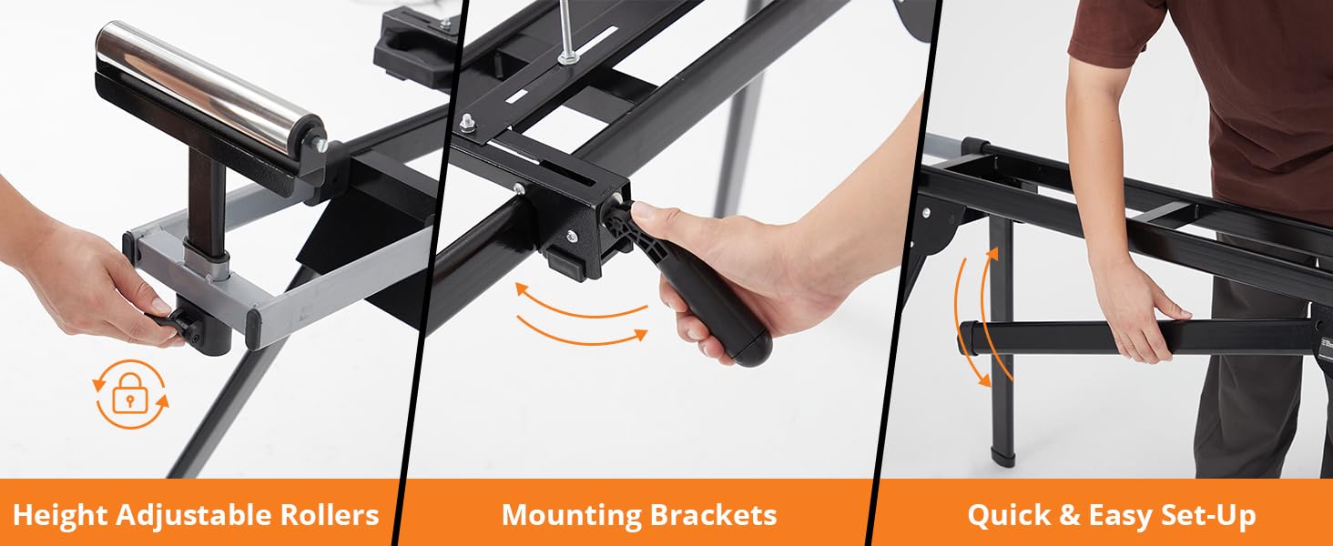 GARVEE 440 lbs Capacity Miter Saw Stand (Tools) - Universal Folding, 76.8 in Max Rail Length, Portable Steel Table with Height-Adjustable Roller Supports, Repeat Cutting End Stops, 27 lbs, Anti-Rust Coat, Steel Frame