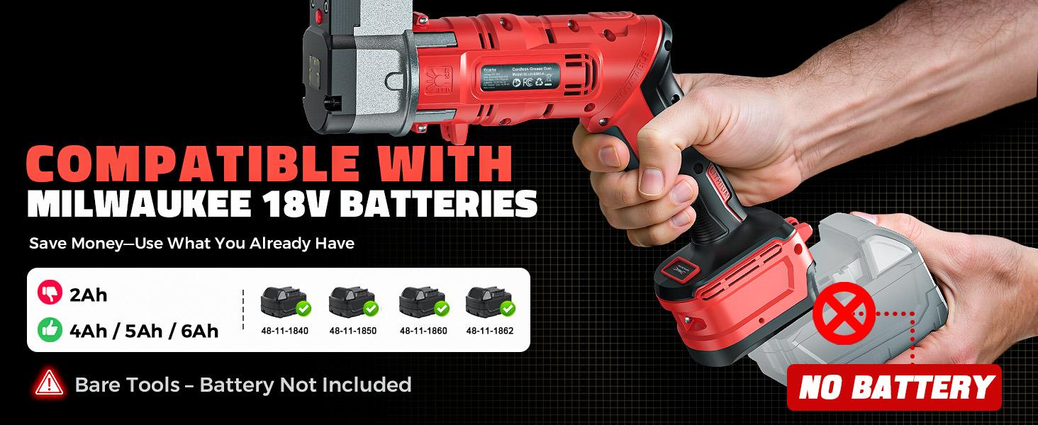 Cordless Grease Gun Compatible with Milwaukee/DeWalt Battery(NO BATTERY!!), 12000PSI, Dual Pistol & in-Line Grip, Works with Bulk & Cartridge Grease, with 39" Hose & 4 Couplers