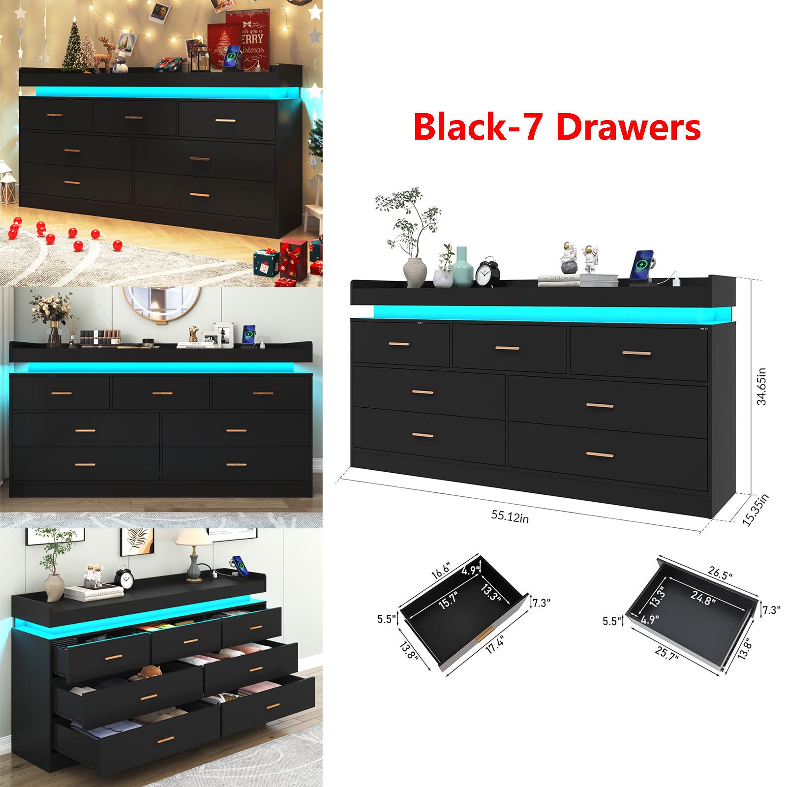 Dresser with LED Light and Charging Station, Modern Chest of Drawers for Closet, Wide Drawer Organizer Cabinet for Bedroom, Living Room, Entryway, Hallway