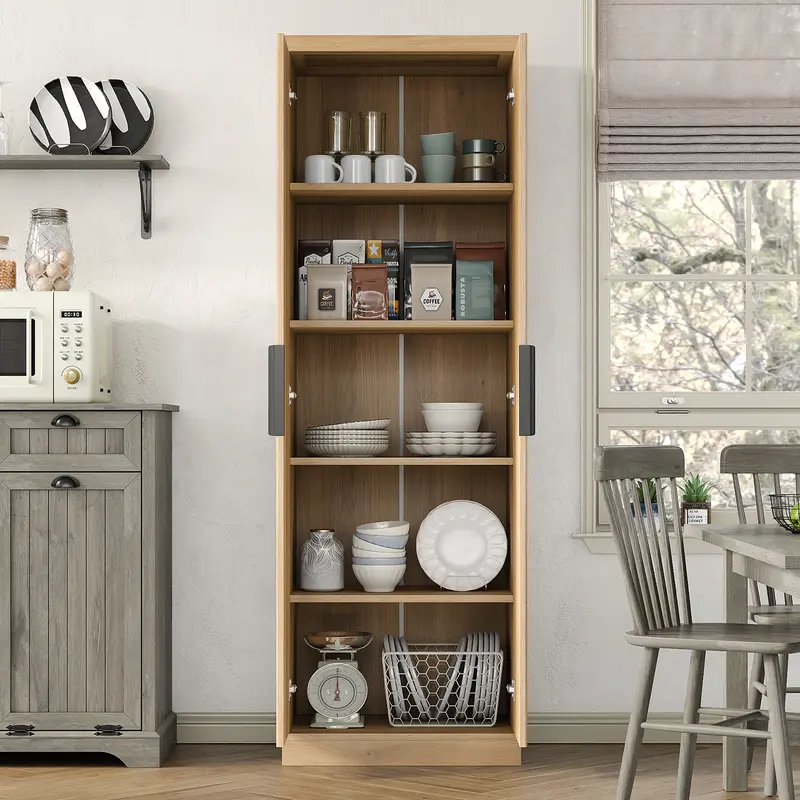 Armario despensero de cocina de 71 pulgadas de alto con estantes ajustables y puerta acanalada; mueble de 5 niveles para sala de estar, cocina, comedor o dormitorio (color roble)