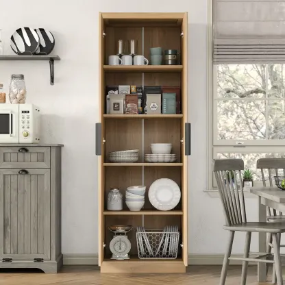 Armario despensero de cocina de 71 pulgadas de alto con estantes ajustables y puerta acanalada; mueble de 5 niveles para sala de estar, cocina, comedor o dormitorio (color roble)