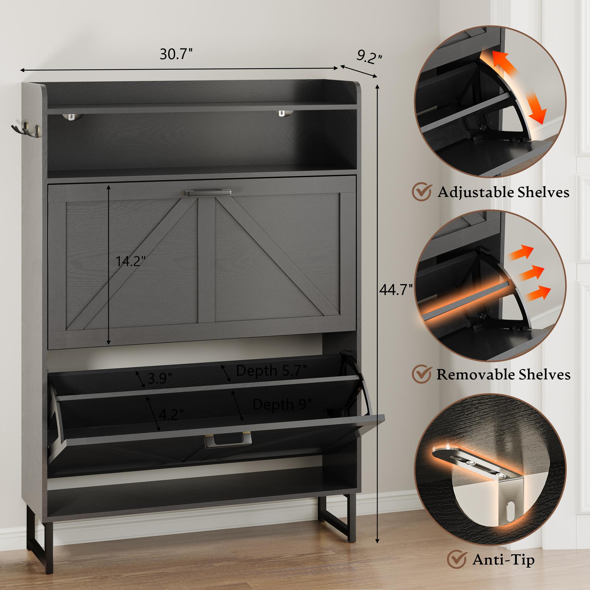 Double drawer ,Freestanding flip shoe cabinet, Slim fit wooden storage cabinet with hidden shelves | Corridor, living room, and bedroom shoe rack ,White