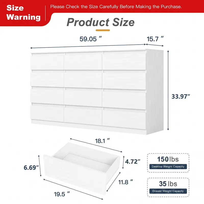 Cómoda moderna Spaco de 6 cajones para dormitorio (blanca): mueble ancho de madera con cajones profundos de deslizamiento suave; mueble de almacenamiento grande para interiores, ideal para apartamentos y decoración del hogar.