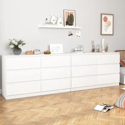 Cómoda moderna Spaco de 6 cajones para dormitorio (blanca): mueble ancho de madera con cajones profundos de deslizamiento suave; mueble de almacenamiento grande para interiores, ideal para apartamentos y decoración del hogar.
