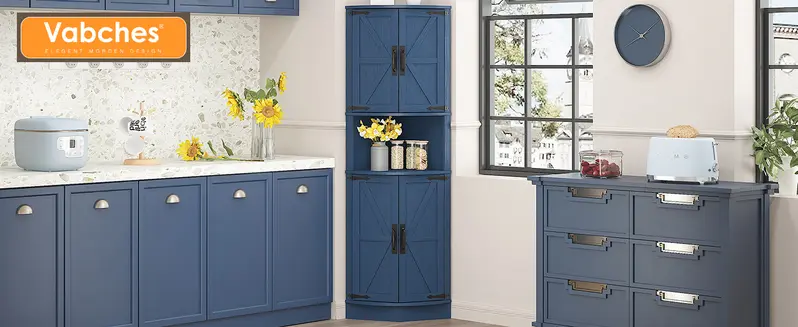 Vabches 64.8" Height Farmhouse Wood Corner Cabinet - 4 Doors, 5 Storage Shelves, Barn Door, 90&deg; Right-Angle Design, Anti-tip Wall Mount, 22"(w)x15.6"(d)x64.8"(h), Space Saving Furniture for Living Room, Kitchen