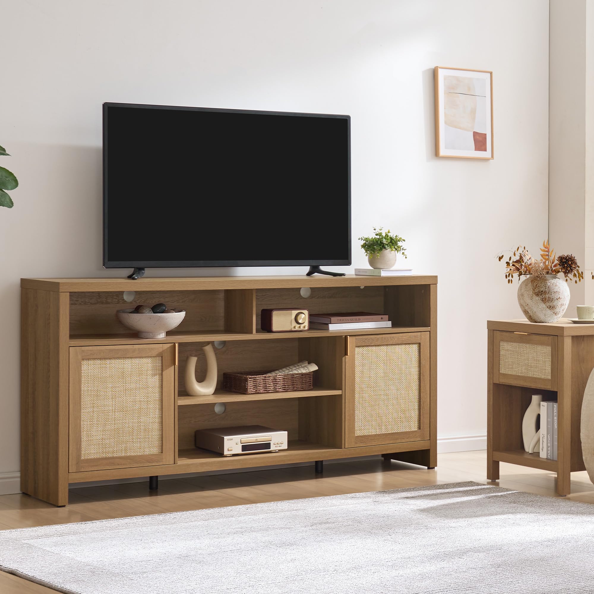 【SohoChic】SICOTAS TV Stand for Living Room Boho Entertainment Center for Bedroom with 4 Rattan Cabinets Farmhouse Television Stands with Storage Large Wood Media Console Table for TVs up to 45 50 55 60 65 Inch