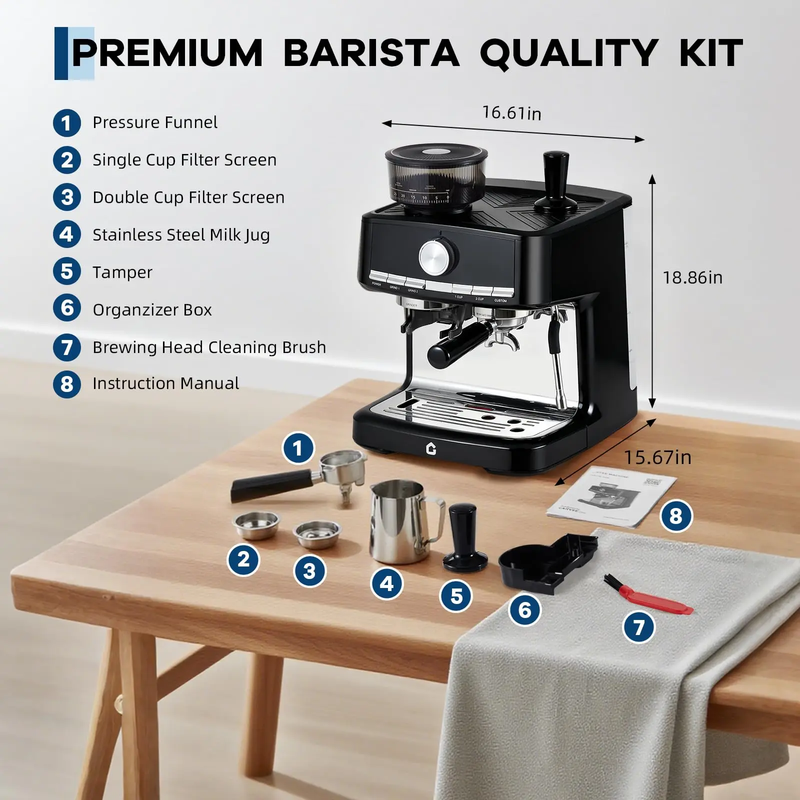 GARVEE 20 Bar Pressure Espresso Machine with Grinder, 1.5L Removable Water Tank, Milk Frother Steam Wand for Latte/Cappuccino (BLACK,20Bar,With Grinder)