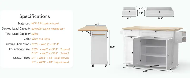 【FallDealsForYou】ONBRILL 60" Kitchen Island with Power Outlet & Drop Leaf, Kitchen Rolling Island with Spice Rack & Towel Rack, Knife Holder, Kitchen Island Cart with Trash Storage Cabinet, Mobile Island Table for Kitchen