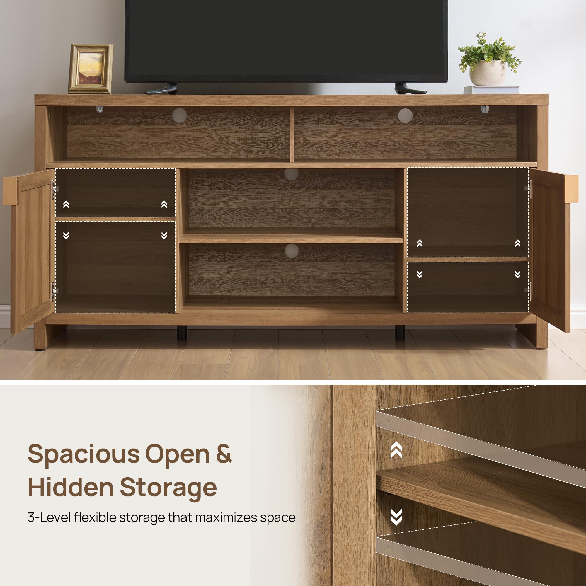 【SohoChic】SICOTAS TV Stand for Living Room Boho Entertainment Center for Bedroom with 4 Rattan Cabinets Farmhouse Television Stands with Storage Large Wood Media Console Table for TVs up to 45 50 55 60 65 Inch