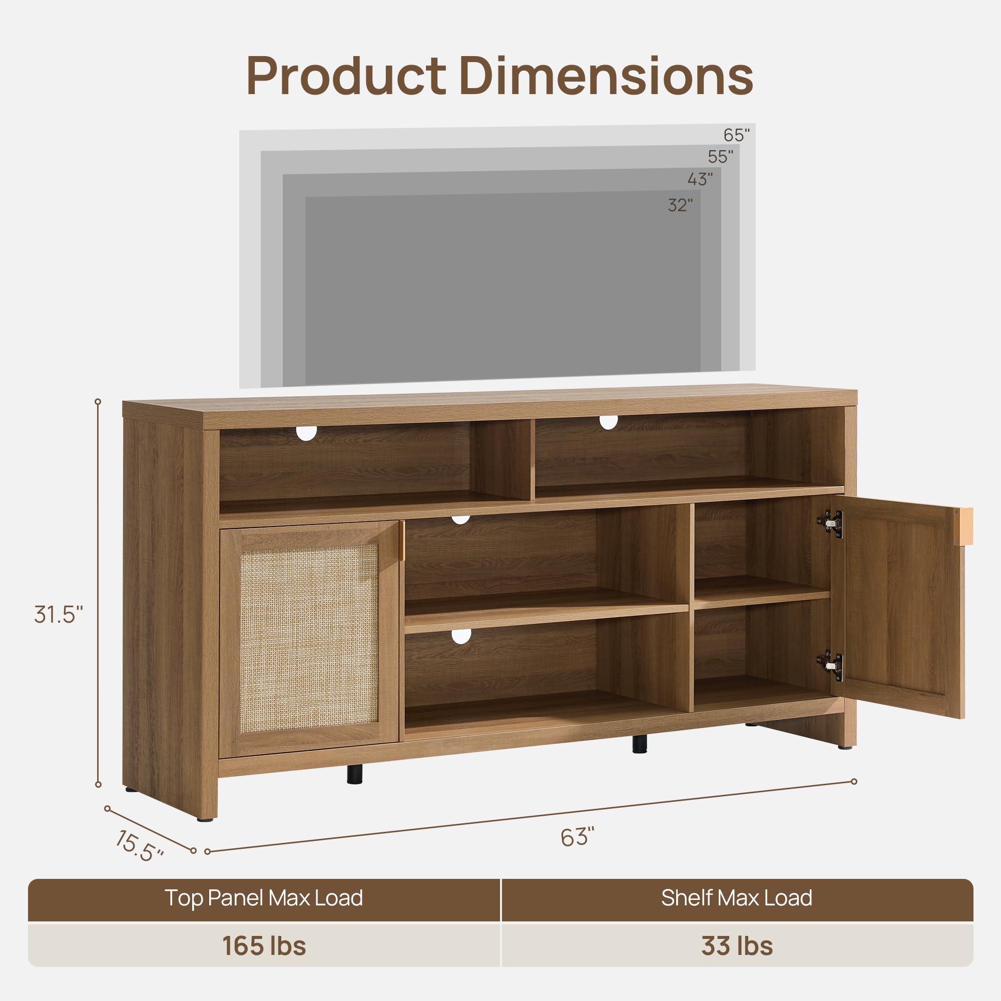 【SohoChic】SICOTAS TV Stand for Living Room Boho Entertainment Center for Bedroom with 4 Rattan Cabinets Farmhouse Television Stands with Storage Large Wood Media Console Table for TVs up to 45 50 55 60 65 Inch