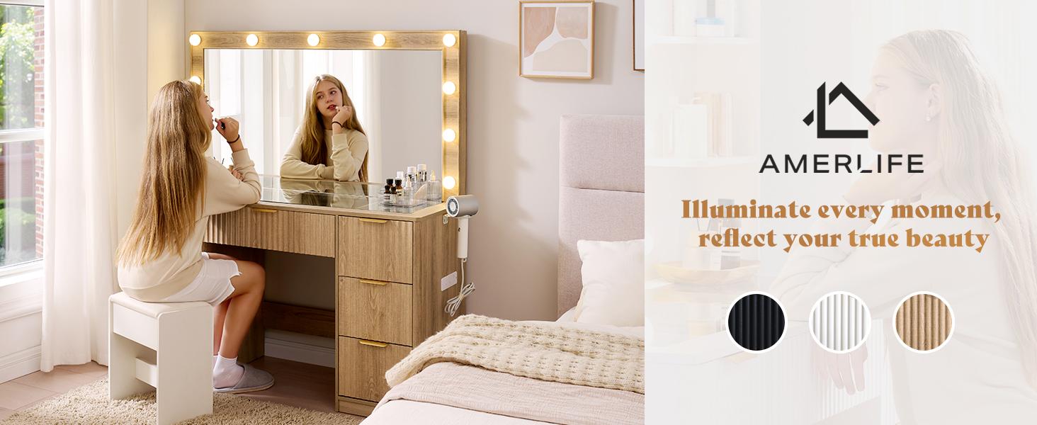AMERLIFE 36.2/47.2" Fluted Vanity Desk with Mirror and Adjustable LED Lights, Large 4/7 Drawers Makeup Table with Glass Top and Charging Station for Women and Girls, Bedroom or Dorm/Best Gift Ideas/Christmas Gifts[tiktokshopbacktoschool][SohoChic]