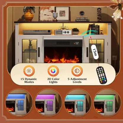 Mueble para TV WLIVE con chimenea eléctrica y vidrio en 3 lados para televisores de 65 pulgadas; centro de entretenimiento con 14 colores de llama y gabinetes de almacenamiento con iluminación LED ajustable; consola multimedia estilo rústico para sala de 