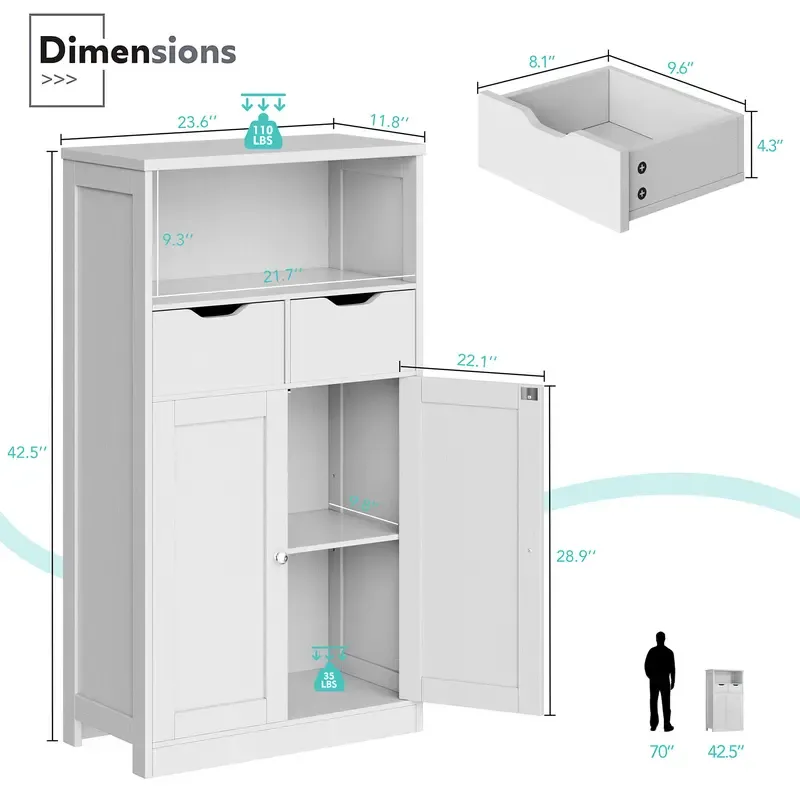 Armario de almacenamiento de suelo Walsunny, organizador con puertas y cajones; mueble auxiliar independiente tipo despensa con estante ajustable para cocina, lavandería, baño o sala de estar.